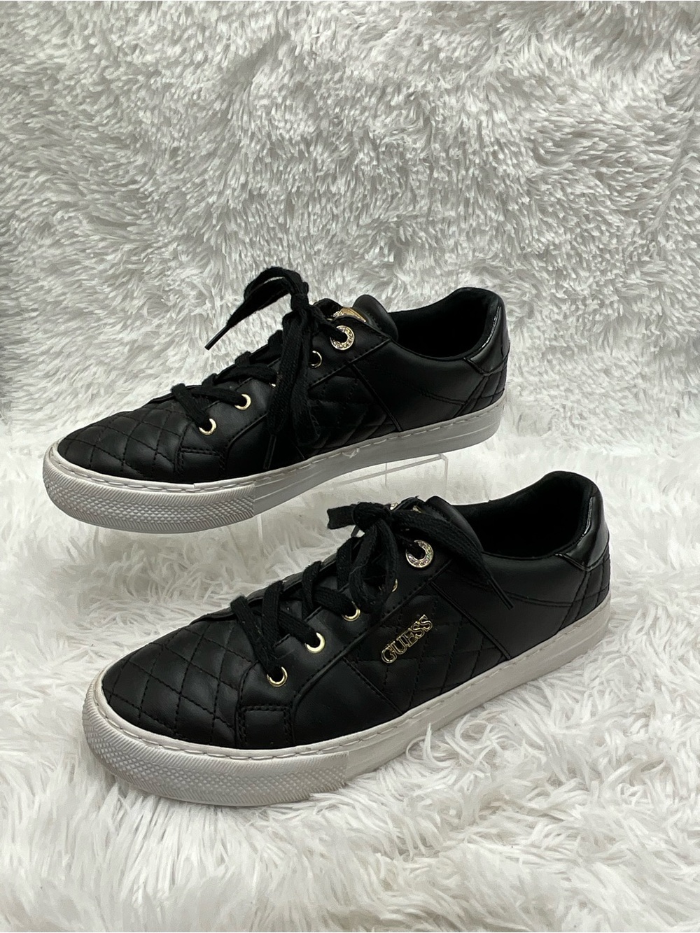 Guess Quilted Sneakers Size 10M Black Lace-up Gold-tone Accents